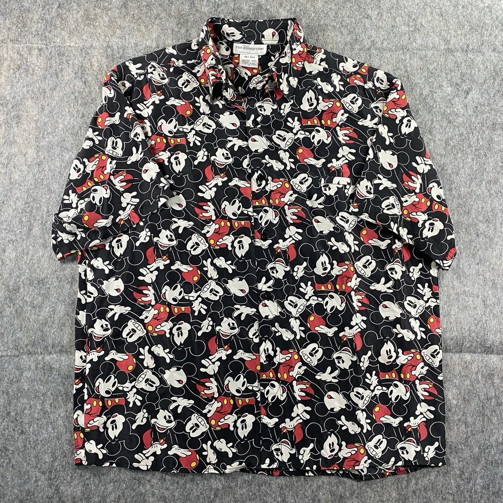Vintage Mickey Mouse Hawaiian‎ Shirt Men's Large Black Short Sleeve Silk 90s USA